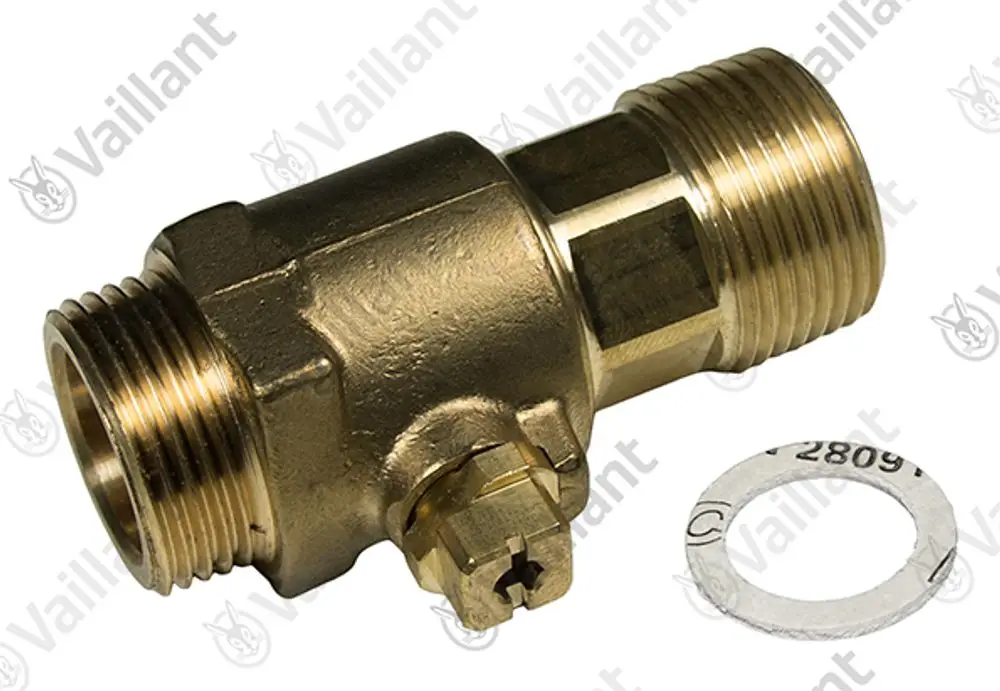 Vaillant Wartungshahn aus Messing mit Gewinde und seitlichem Anschluss. Dazu eine Unterlegscheibe.